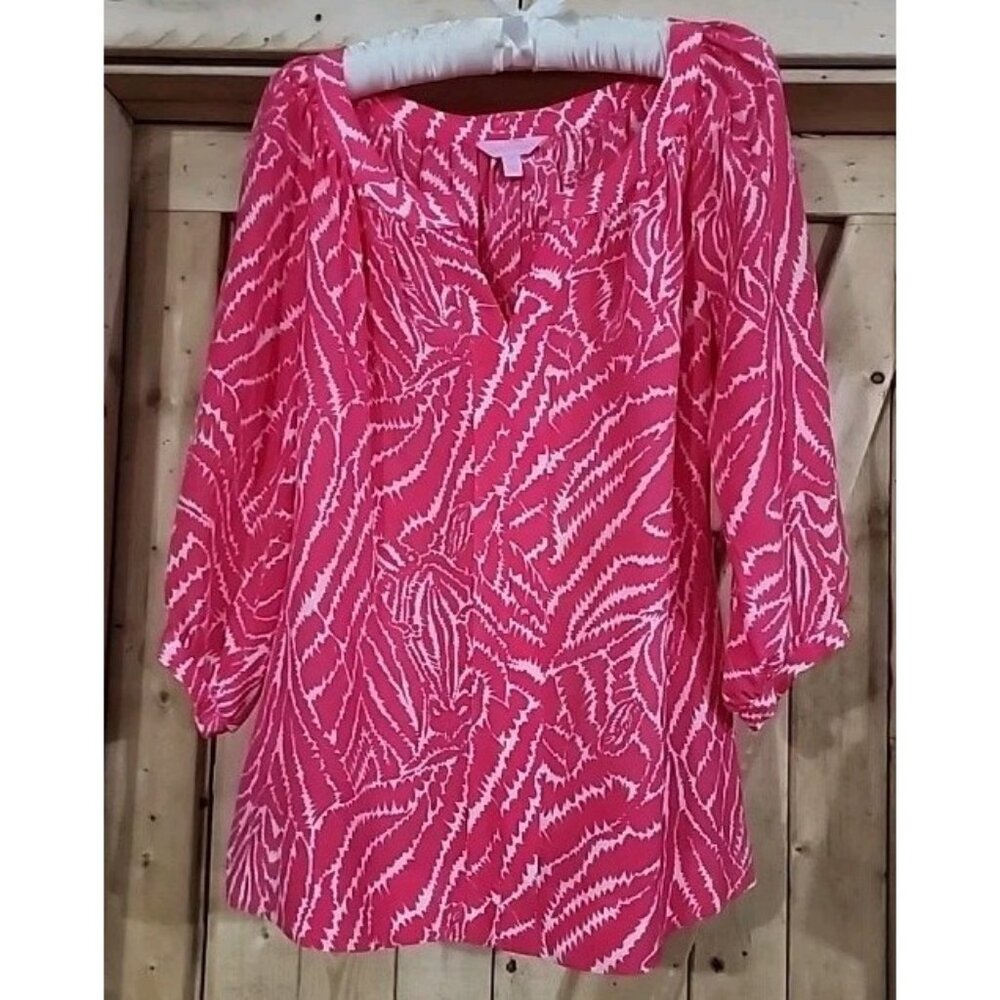 Lilly Pulitzer Pink White Silk Show Your Stripes Moxy Top Med ladies Flirty Flow